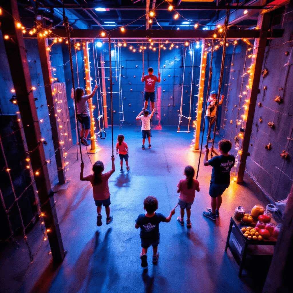 An overhead view of the Urban Air Warrior Course with children navigating obstacles under dramatic LED lighting, a cheering party host, fairy lights framing the scene, and a refreshment station nearby.