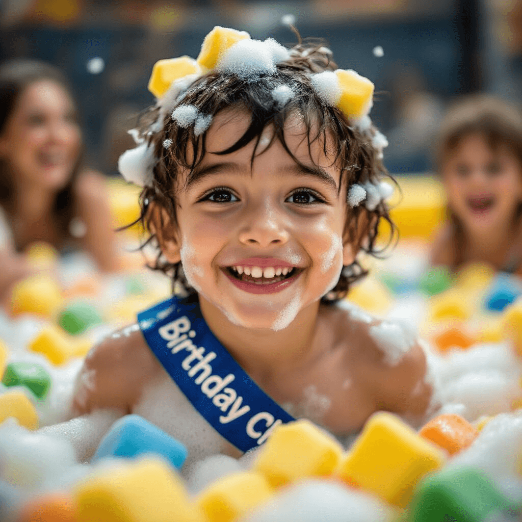 A close-up of a joyful child emerging from a foam pit, colorful foam cubes in their hair and on their shoulders, with a 'Birthday Champion' sash draped over one shoulder. Blurred partygoers are seen laughing in the background, under soft, diffused lighting that highlights the child's beaming smile.
