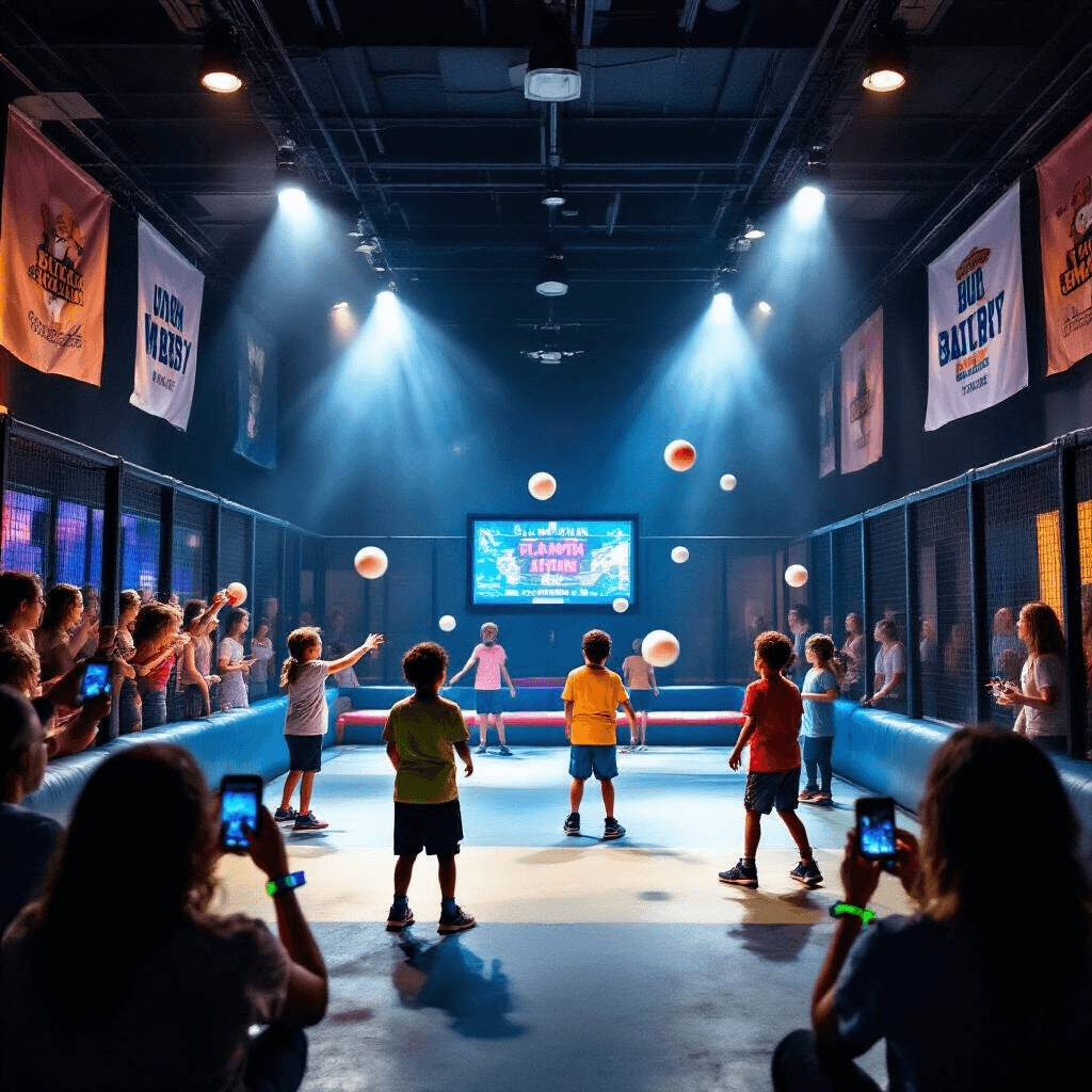 A vibrant wide shot of an Urban Air dodgeball arena during a platinum package party, featuring children playing in colorful wristbands, flying foam balls, cheering parents with smartphones, a glowing scoreboard, and personalized banners celebrating the birthday child.