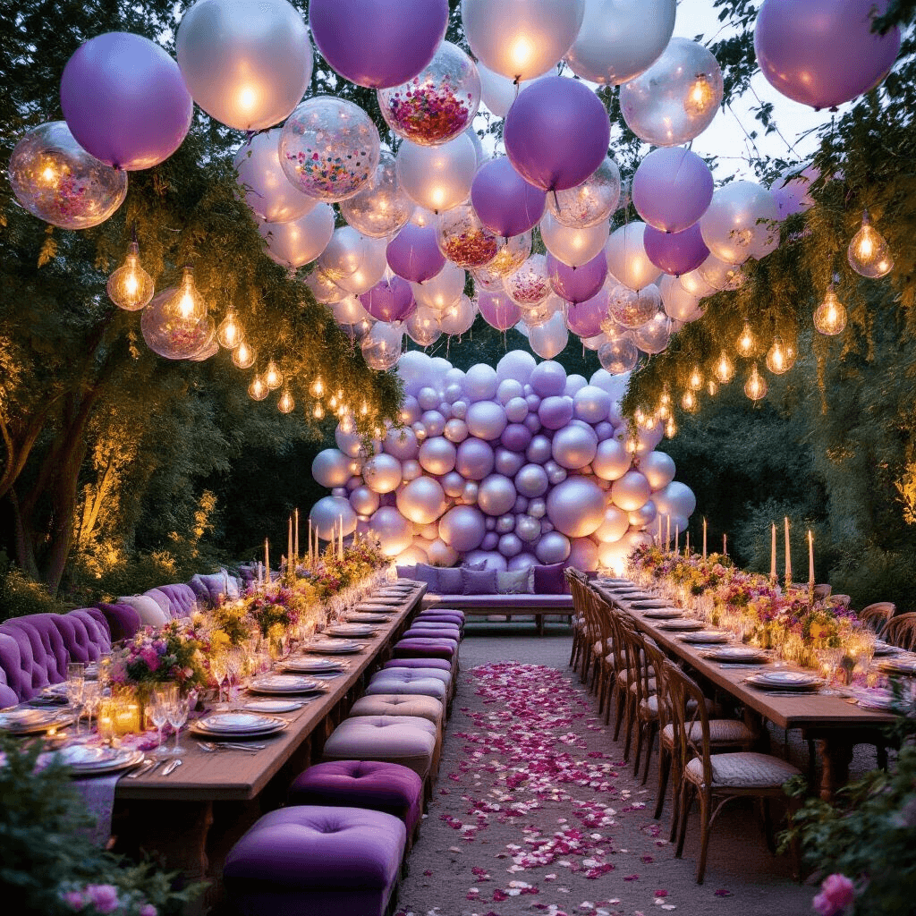 An enchanting garden party at dusk with twinkling fairy lights, a whimsical balloon installation overhead, long farmhouse tables set with vintage china and crystal goblets, plush jewel-toned lounges, and a petal-strewn path leading to a lavender and silver balloon wall.