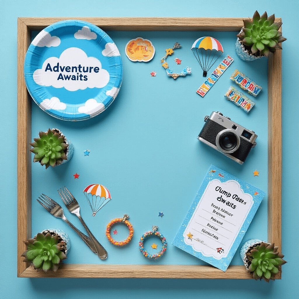 An intimate flat lay of Urban Air party supplies featuring a sky-blue tablecloth with cloud-shaped paper plates, 'Adventure Awaits' napkins, and silver utensils. The composition includes Urban Air logo stickers, colorful wristbands, 'Jump Passes', a handwritten itinerary on themed stationery, a polaroid camera, and whimsical succulent party favors in miniature parachutes.