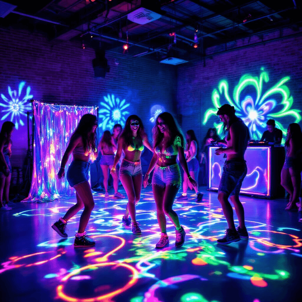 A lively glow-in-the-dark party scene in an industrial loft with teens dancing under blacklight, showcasing neon body paint and LED-lit flooring, surrounded by UV-reactive decor and glow stick accessories. A photo booth draped in iridescent fabric captures friends posing with neon props, while colorful light patterns illuminate the brick walls and a DJ booth emits a purple haze.