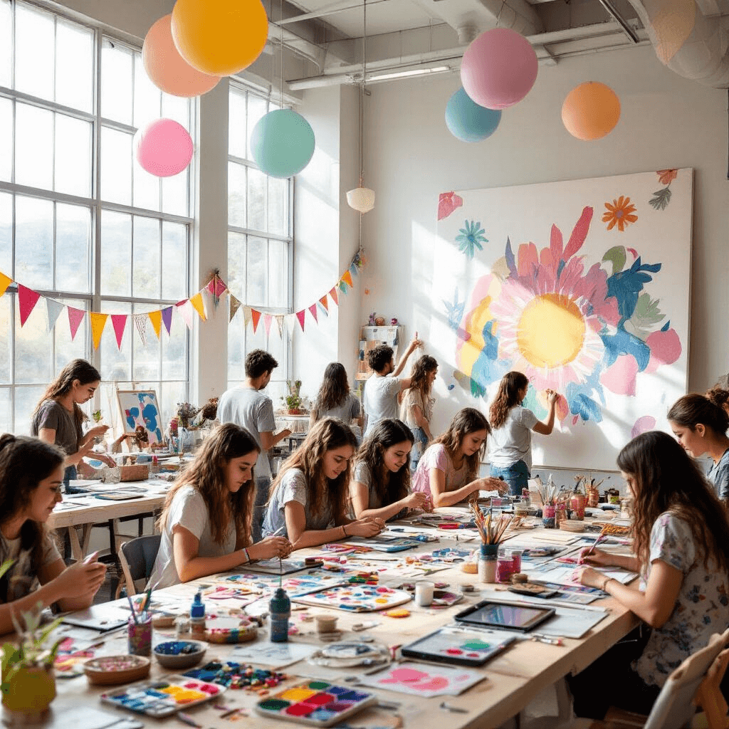A vibrant birthday celebration for a teenager in a modern studio, featuring tables filled with art supplies as teens engage in creative projects. Large windows let in soft natural light, illuminating a collaborative mural on a massive canvas, while whimsical pastel decorations enhance the lively atmosphere.