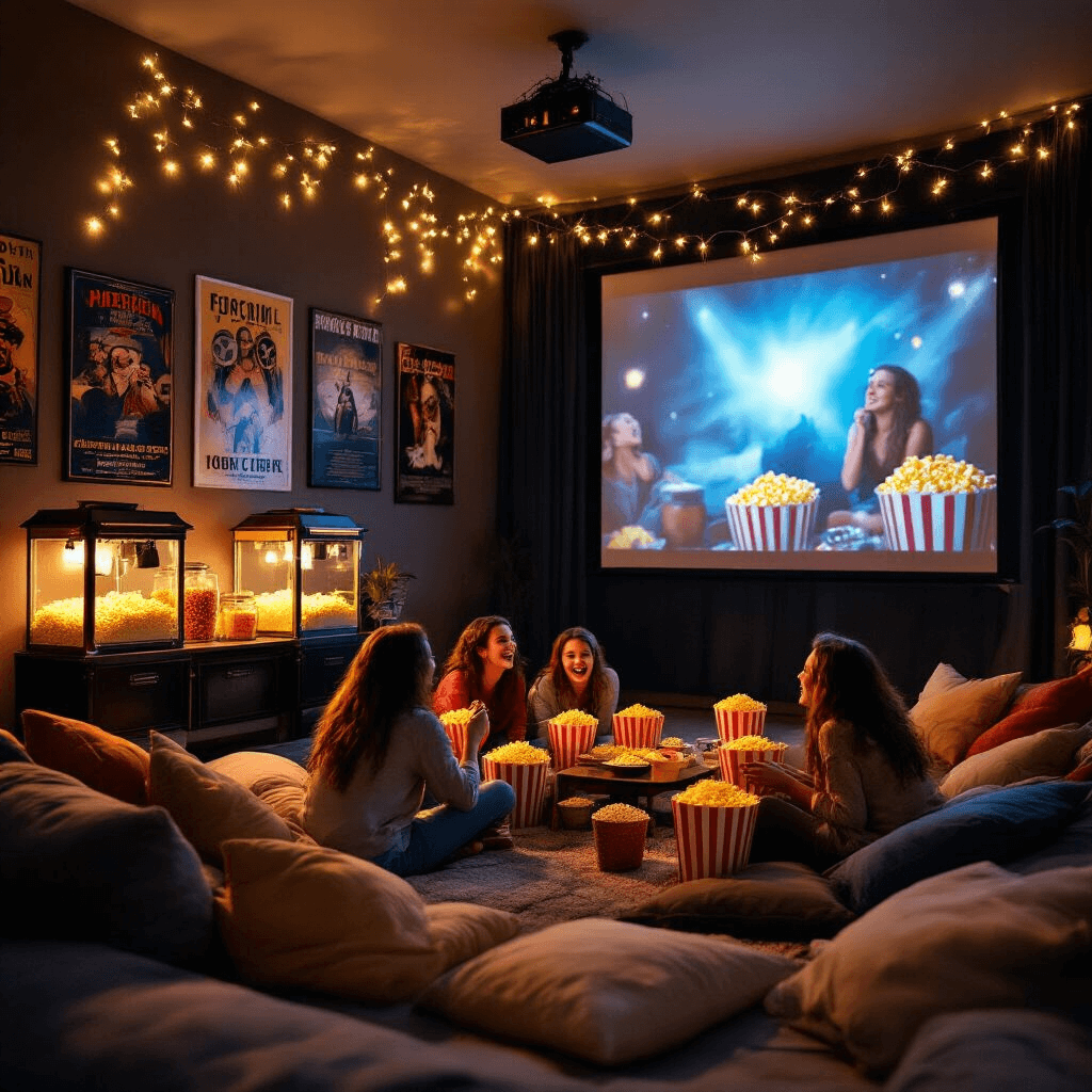 A cozy living room transformed into a chic home theater, featuring plush pillows and low couches facing a large projector screen, fairy lights above, a gourmet popcorn bar with vintage makers and colorful toppings, movie posters and film reels on the walls, with laughing teens enjoying popcorn and debating trivia in the foreground.