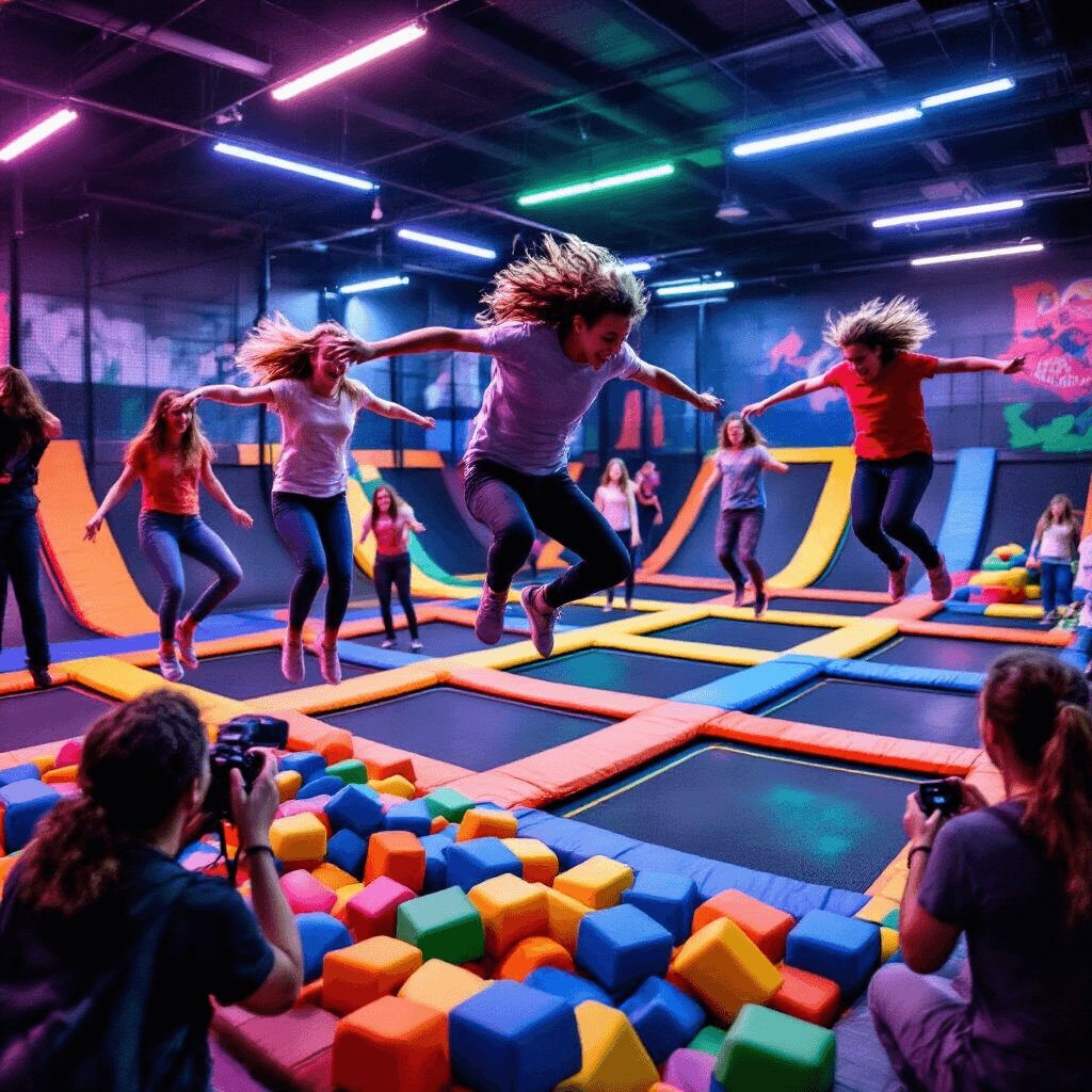 A vibrant indoor trampoline park scene filled with joyful teens mid-jump, colorful trampolines, foam pits, and a ninja warrior-style obstacle course, with a photographer capturing the action against a backdrop of pulsing LED lights.