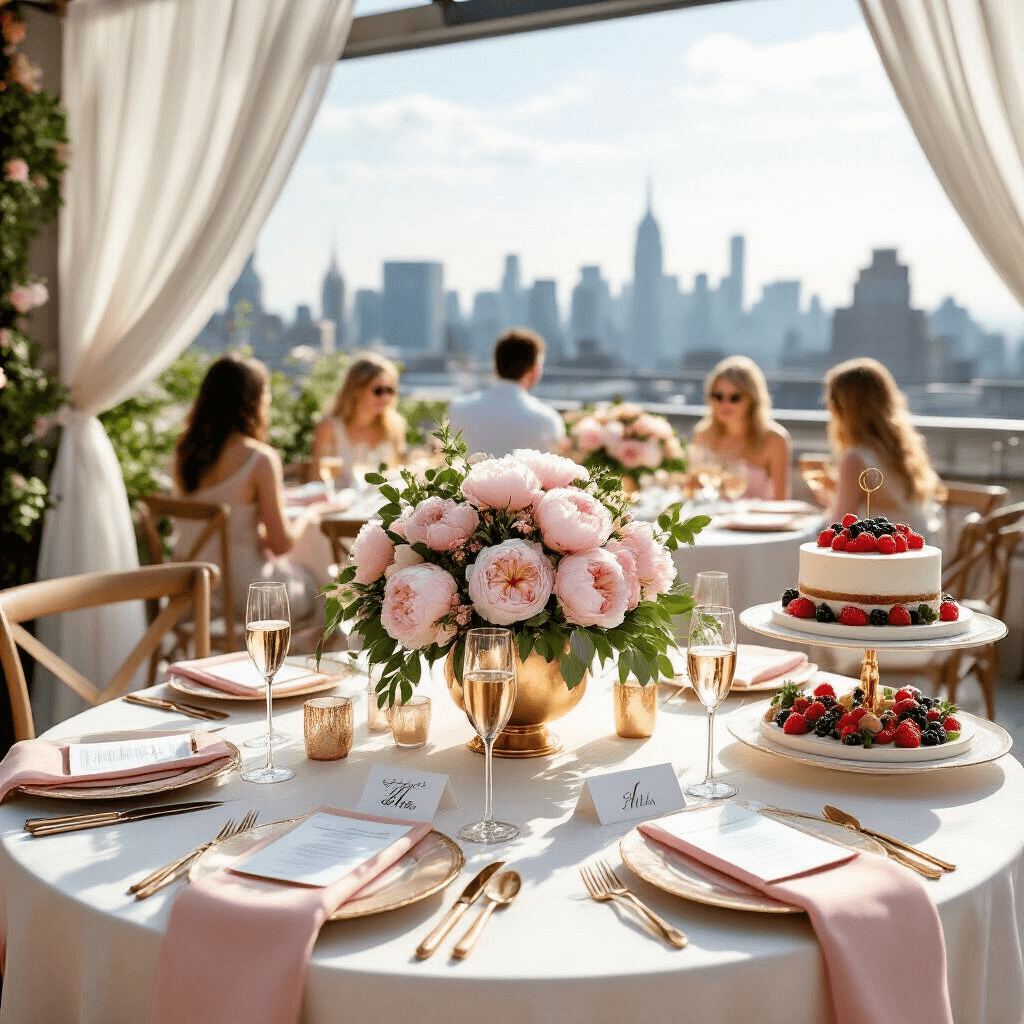 An elegant rooftop terrace setup for a birthday brunch, featuring round tables with white linens, pink peony centerpieces in gold vases, rose gold place settings, and a dessert cart with a naked cake. Sheer white drapery frames city views as guests enjoy champagne in the warm sunlight.