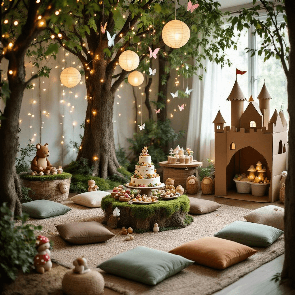 A cozy living room transformed into an enchanted forest-themed children's birthday party, featuring fairy lights, paper lanterns, moss-covered tables with woodland creature decor, a whimsical treehouse cake, toadstool and acorn cupcakes, hanging paper birds and butterflies, a DIY cardboard castle photo booth, and dreamy dappled lighting.