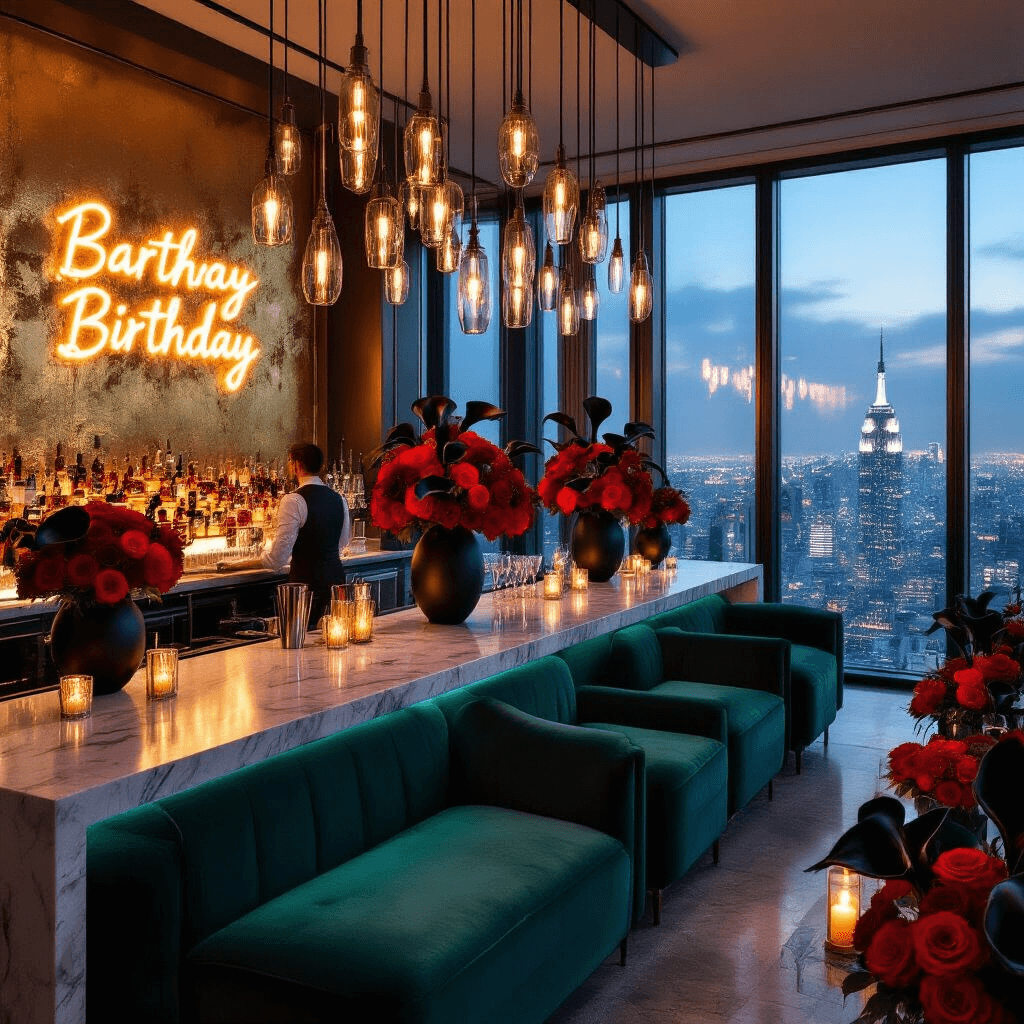 A luxurious evening cocktail party in a modern apartment with floor-to-ceiling city views, featuring jewel-toned velvet seating, a marble bar, dramatic floral arrangements, and warm candlelight against a backdrop of metallic gold wallpaper.