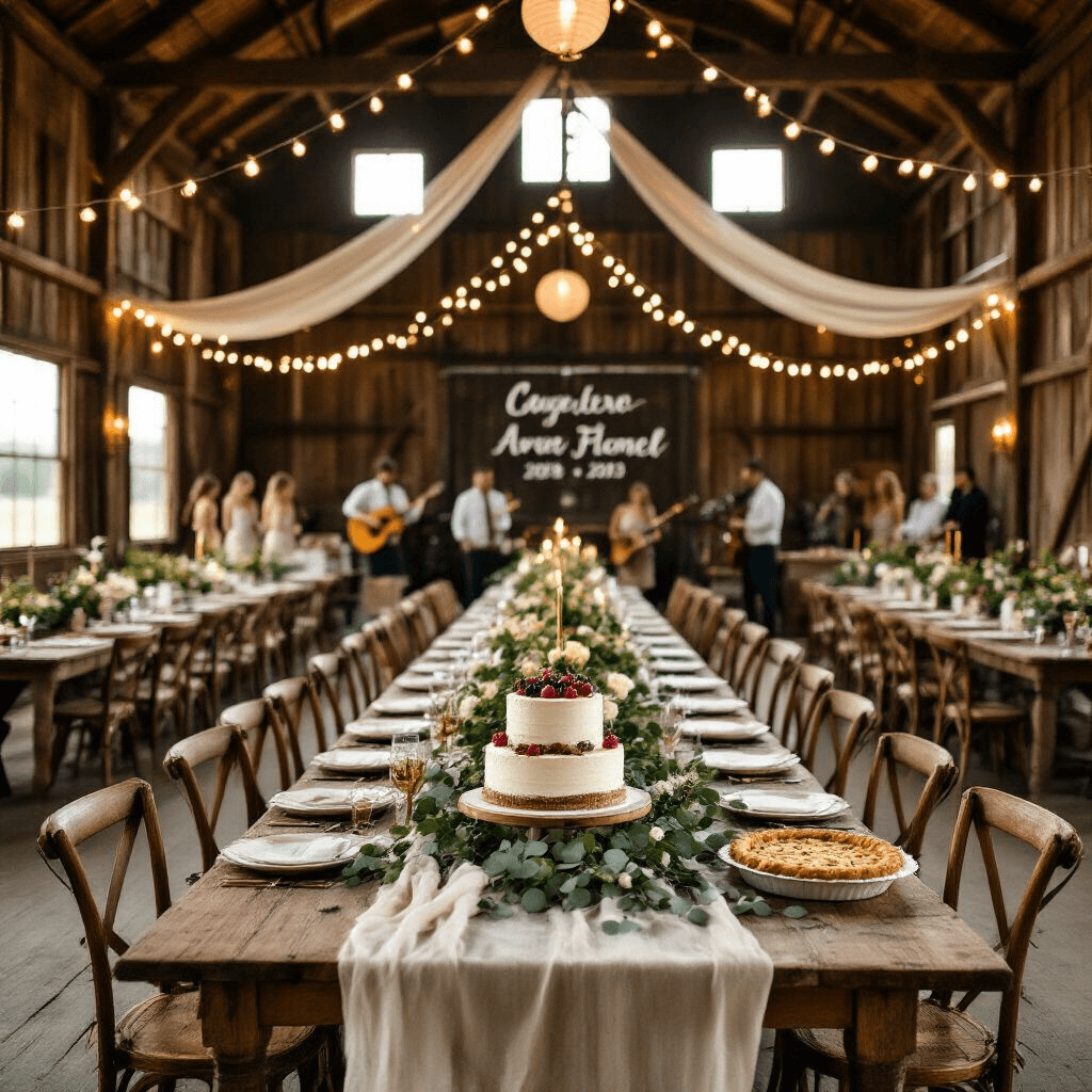 A rustic barn wedding anniversary celebration with golden hour light, featuring long farmhouse tables, vintage decor, a dessert table with a naked cake and pies, string lights, and guests enjoying the ambiance.