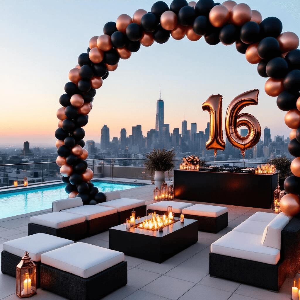 A chic rooftop terrace adorned for a Sweet 16 celebration, featuring a minimalist balloon arch in black and gold, oversized '16' balloons near an infinity pool, modern fire pits with low lounge seating, a stylish bar with a champagne and rose gold balloon garland, and a DJ booth wrapped in a luxurious balloon installation.