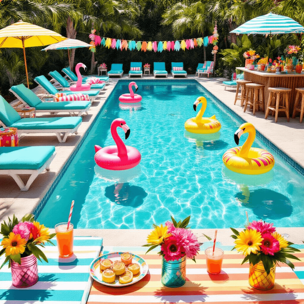 A vibrant poolside birthday party with turquoise loungers, colorful beach towels, inflatable flamingos and pineapples in the pool, a tiki bar serving tropical cocktails, shaded tables with exotic flower centerpieces, and a DIY photo booth with colorful props.