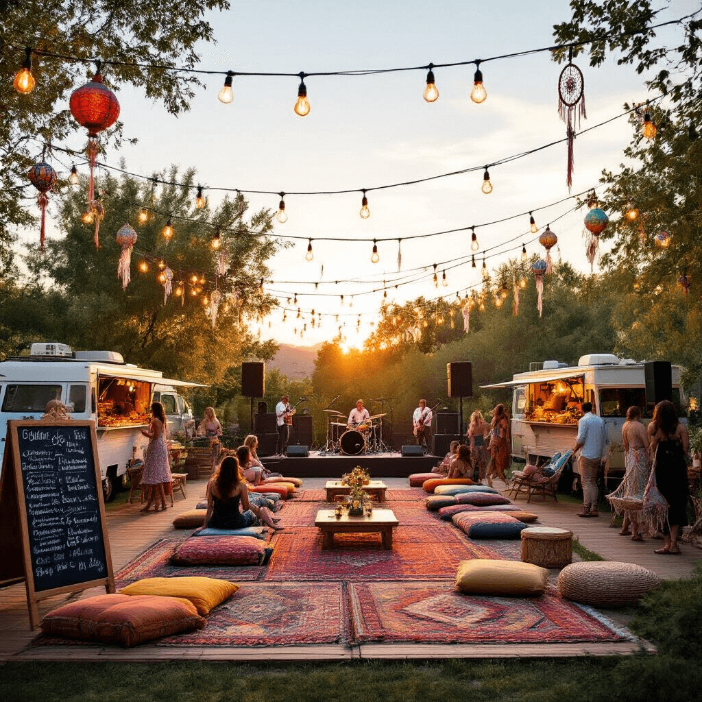 An enchanting outdoor Sweet 16 festival in a spacious backyard at golden hour, featuring crisscrossed Edison bulbs, colorful Moroccan rugs, cozy lounge areas with floor cushions, food trucks serving global cuisines, a local band on stage, vibrant paper lanterns and dreamcatchers hanging from trees, and guests in boho-chic outfits dancing and relaxing in macramé hanging chairs.