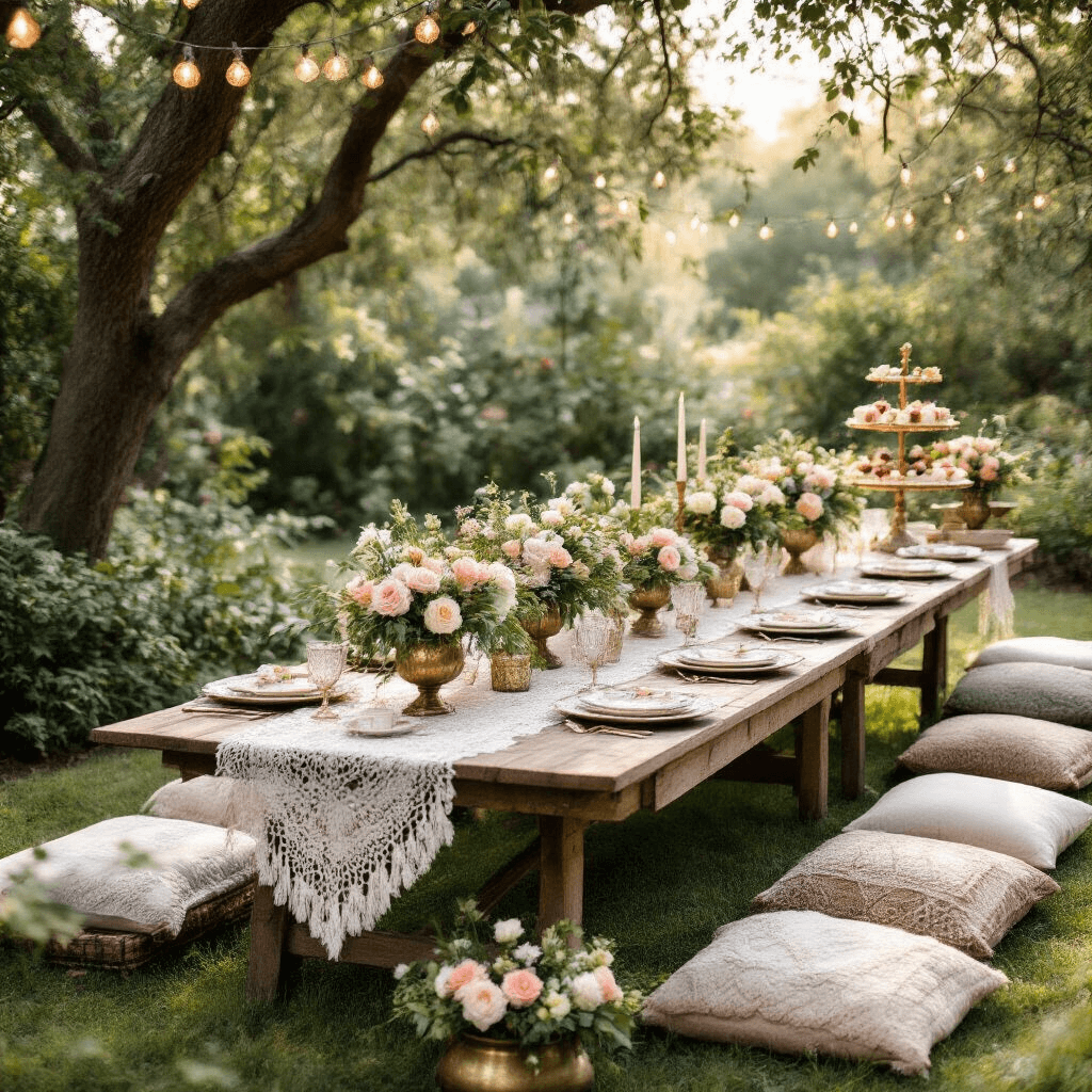 An intimate Boho Garden Party for a Sweet 16 featuring rustic farm tables decorated with vintage china, wild garden roses in antique brass vases, and a dessert cart with a naked cake. Soft morning light filters through trees, illuminating cozy seating with floor pillows and flower crowns at each place setting. Fairy lights hanging above enhance the enchanting atmosphere.