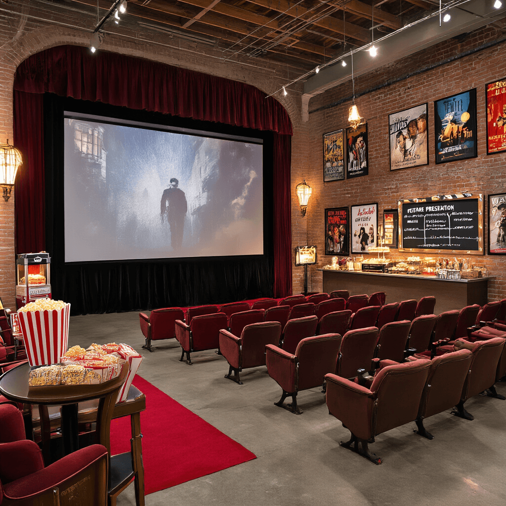 A stylishly converted warehouse hosts a Sweet 16 cinematic movie night, featuring a large screen, vintage theater seats, high cocktail tables, a popcorn machine, candy bar, movie posters, a Hollywood clapperboard chalkboard, soft art deco lighting, and a red carpet photo booth.
