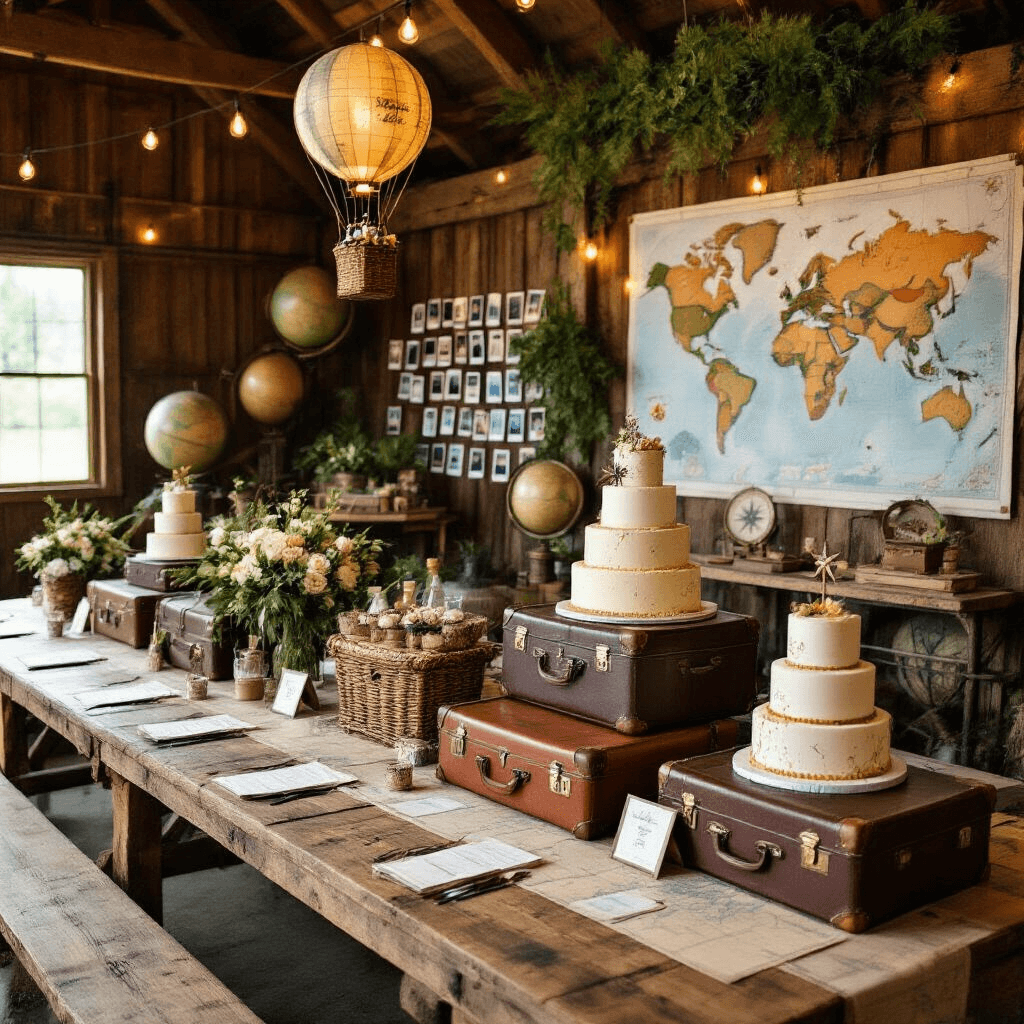 An adventurous Expedition-themed Sweet 16 in a rustic barn venue with vintage suitcases, antique globes, maps as table runners, and compass place card holders; features a hot air balloon basket photo op, a wall of Polaroid photos, hanging plants, lanterns, a tiered cake resembling vintage luggage, personalized 'passport' party favors, and a world map backdrop for pinning dream destinations.