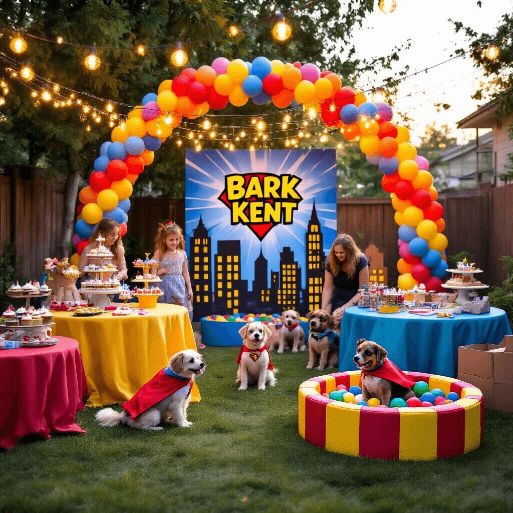 A whimsical backyard birthday party for dogs featuring colorful balloon arches, a 'Bark Kent' photo backdrop, and DIY cardboard city skyline decorations, with tables adorned in primary-colored linens, dog-safe cupcake towers, and fairy lights above. In the foreground, dog guests in capes and masks play in a ball pit while their owners enjoy a treat station shaped like a comic book.