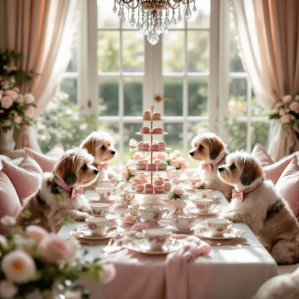 An elegant indoor tea party featuring impeccably groomed dogs in bow ties and pearls, surrounded by delicate floral china, pastel macarons, and plush velvet cushions in a sun-drenched living room with sheer curtains and a garden view.