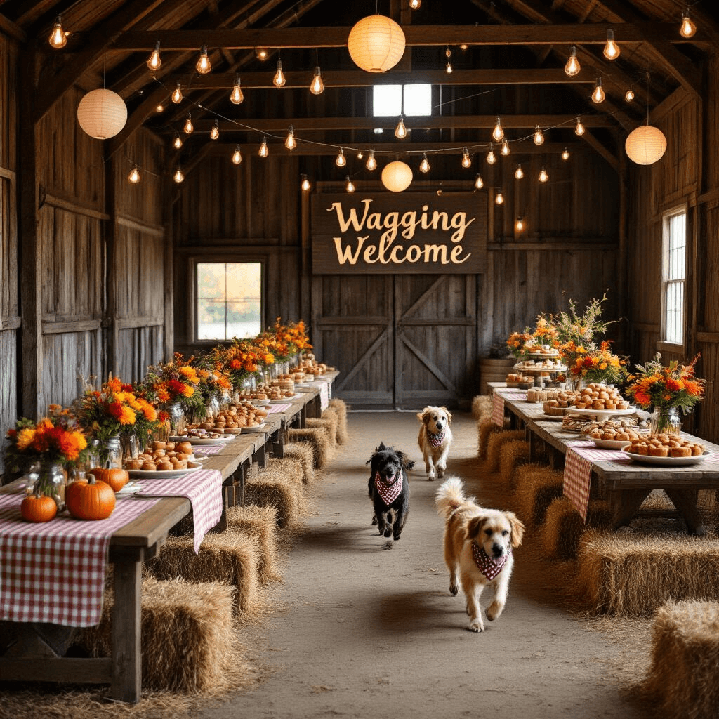 A twilight overhead view of a rustic barn party titled 'Harvest Hound Hoedown,' featuring long wooden tables with gingham runners, mason jar candles, and burlap floral arrangements. Strings of Edison bulbs and lanterns illuminate the scene, while a dessert cart displays pumpkin dog treats and apple snacks. Dogs in bandanas playfully navigate hay bale obstacle courses, and a hand-painted 'Wagging Welcome' sign greets attendees.