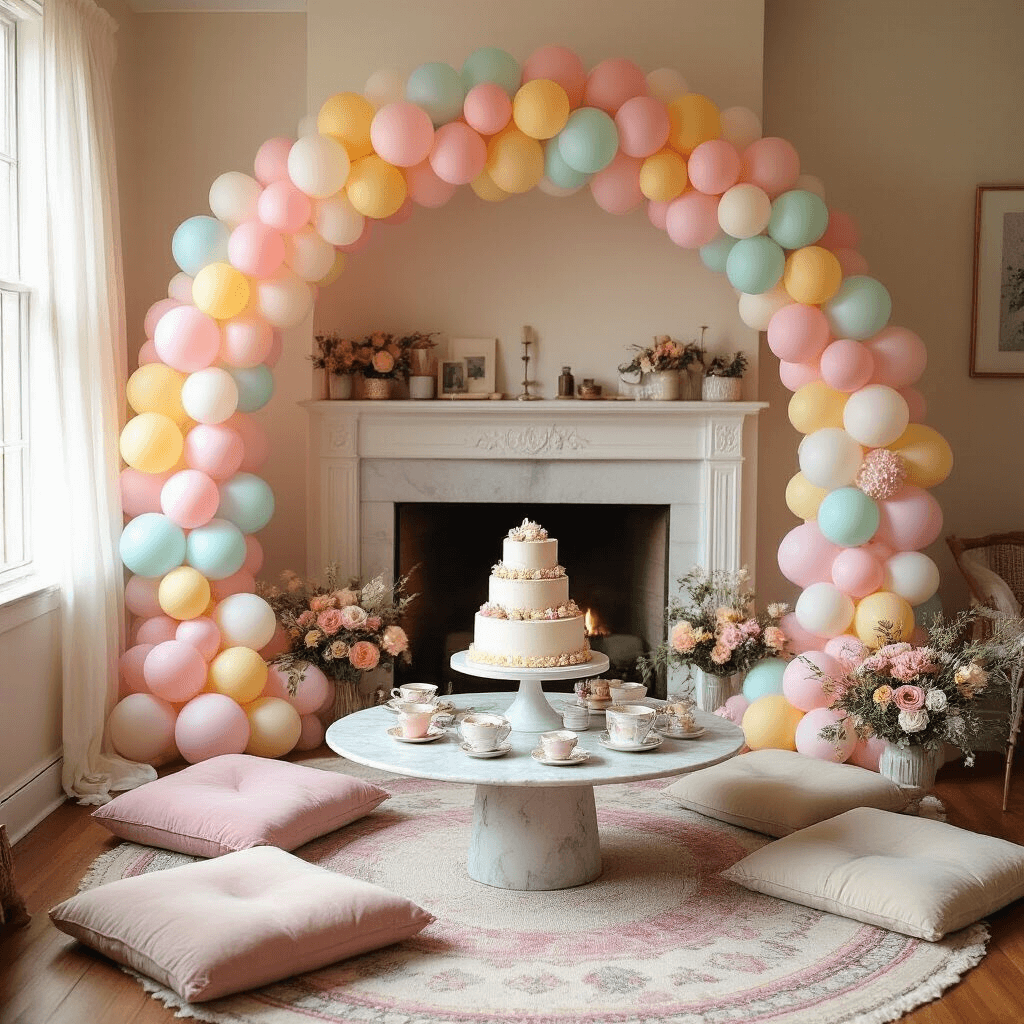 A cozy living room decorated for a Sweet 16 party, featuring a pastel rainbow balloon arch over a fireplace, a tiered birthday cake on a marble pedestal, plush floor cushions, low tables with vintage teacups and petit fours, and dreamy sheer curtains. Personal touches include Polaroid garlands and handwritten chalk signs.