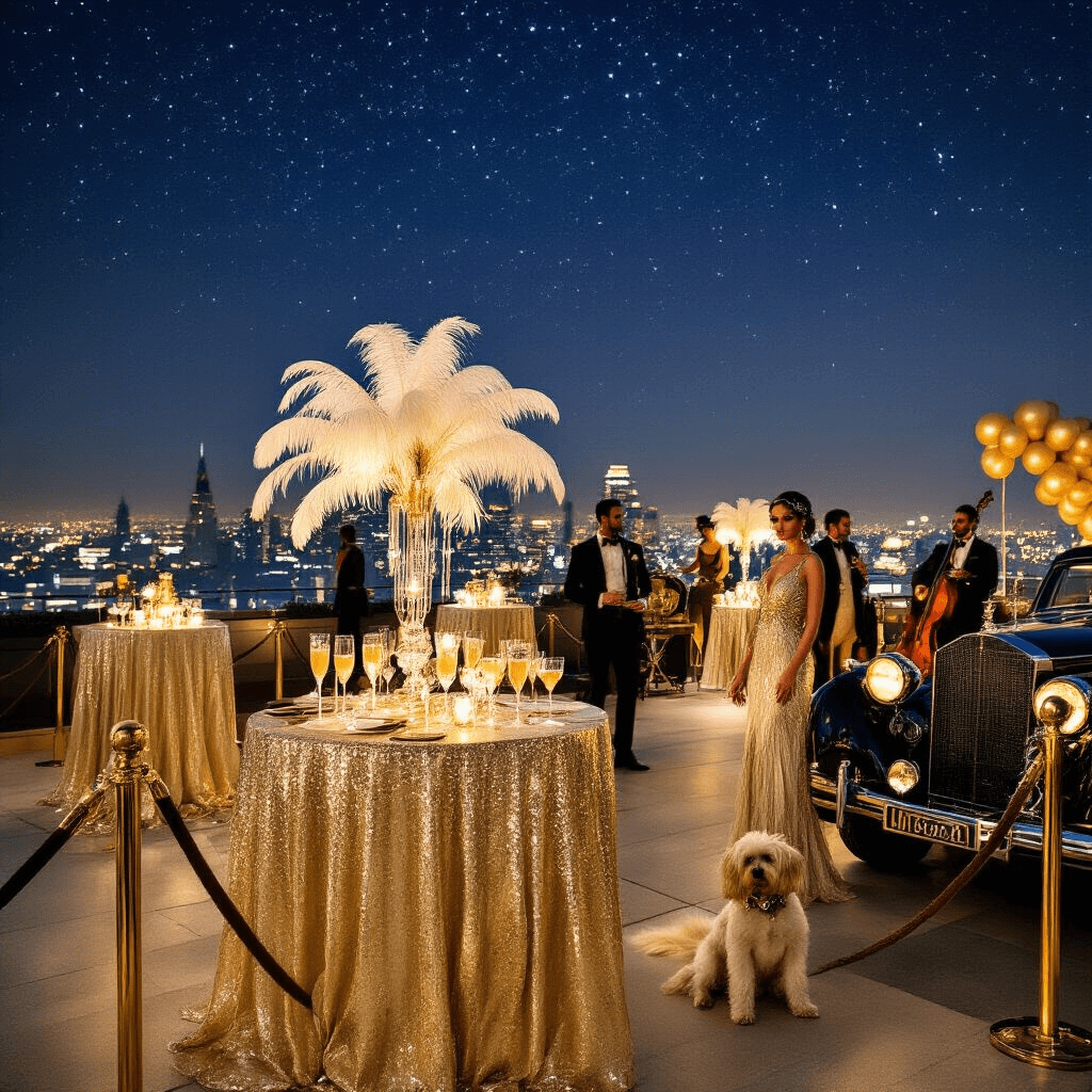 A glamorous rooftop soirée inspired by the Great Gatsby, featuring Art Deco decor in gold and ivory, with cocktail tables adorned with sequined linens and feather centerpieces. Guests in elegant attire pose with their stylish dogs near a vintage car, all under a starlit sky with city lights in the background, as a jazz trio performs on stage decorated with metallic balloon garlands.
