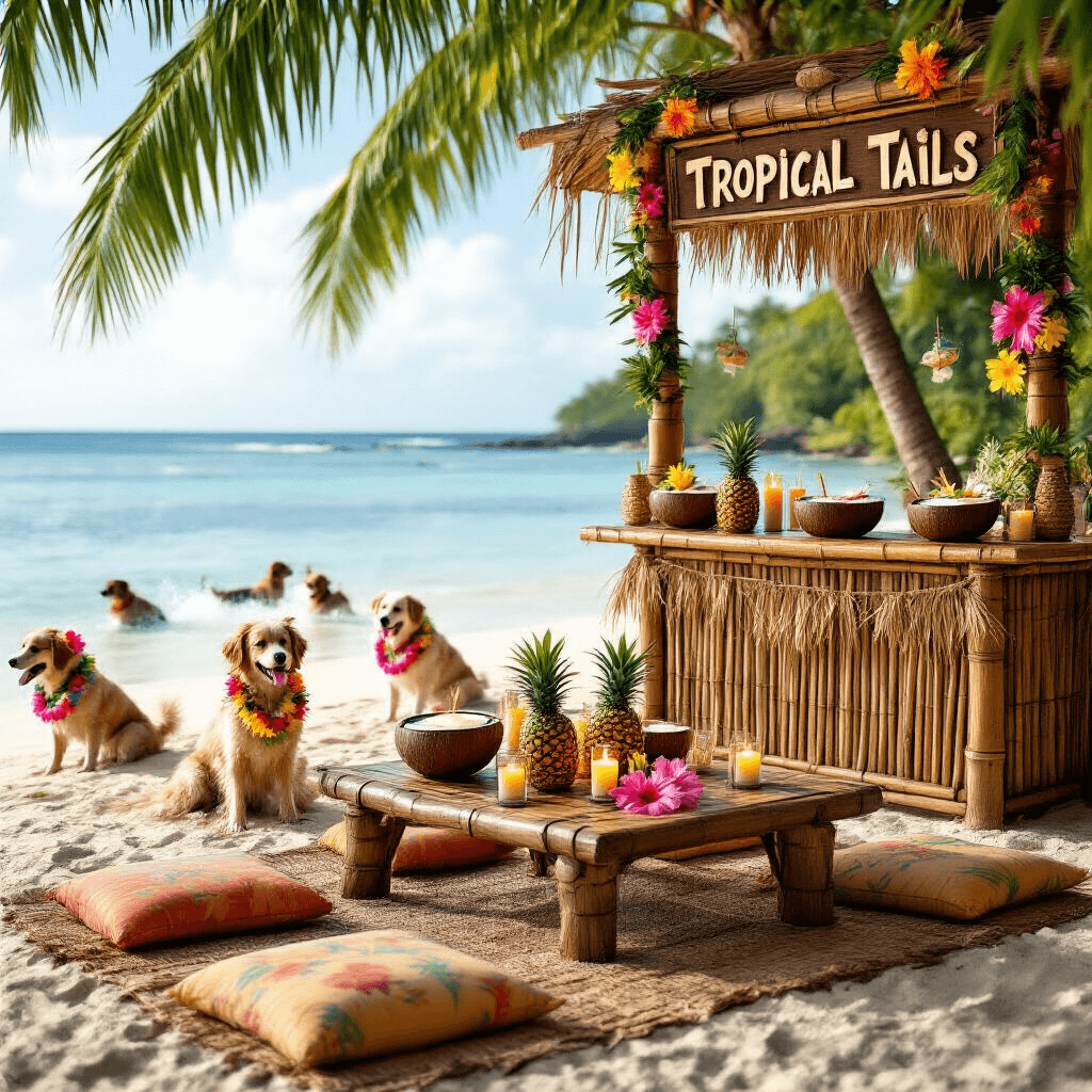 A vibrant tiki bar setup at a tropical luau, featuring bamboo accents, grass skirts, and colorful coconut drink bowls. Lush floral leis hang over driftwood signs, with pineapple centerpieces and hibiscus blooms on low tables surrounded by colorful floor cushions. Flickering candles in sand-filled glass containers add a dreamy touch, while playful dogs wearing flower crowns and mini hula skirts splash joyfully in the crystal-clear waters framed by palm fronds.