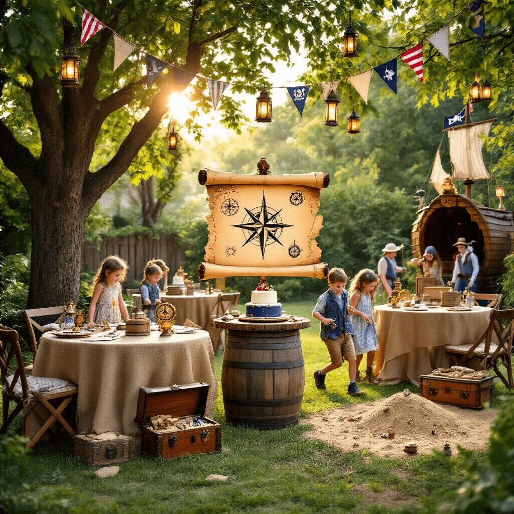 A whimsical backyard adventure party with children exploring activity stations, a treasure map centerpiece, rustic tables adorned with compasses and spyglasses, a pirate ship photo booth, and a cake decorated with an 'X marks the spot' theme, all illuminated by golden hour sunlight and decorated with lanterns and nautical flags.