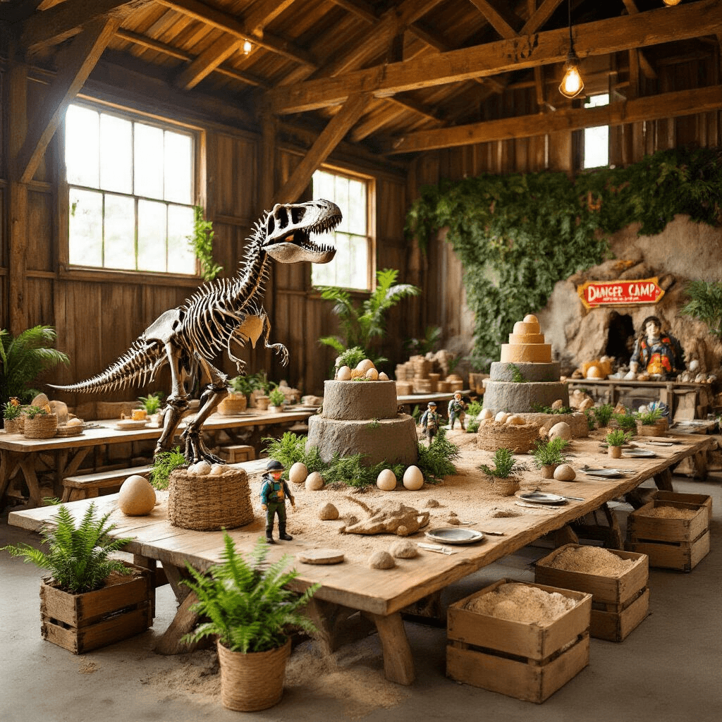 A rustic barn venue transformed for a Dinosaur Expedition, featuring warm afternoon light, a T-Rex skeleton replica, farmhouse tables with excavation site runners and dinosaur-themed decor, a rugged cake resembling a base camp, activity stations for fossil digging and footprint creation, and immersive dinosaur-themed signage and photo booth.