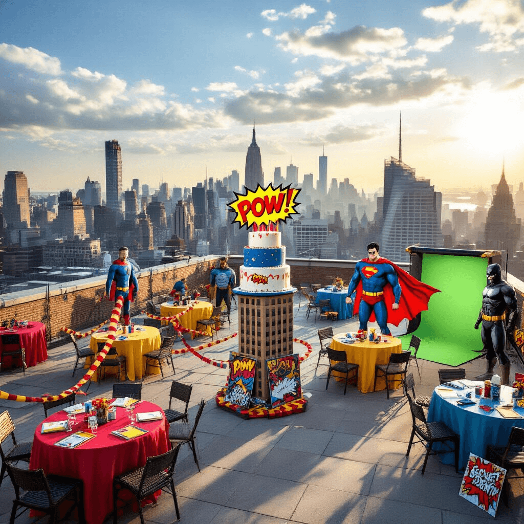 A vibrant superhero training camp set on a rooftop terrace, featuring colorful obstacle courses, cocktail tables with comic book centerpieces, a giant 'POW!' cake, activity zones for strength testing and costume customization, a green screen for action shots, and large cardboard cutouts of heroes with flowing capes.