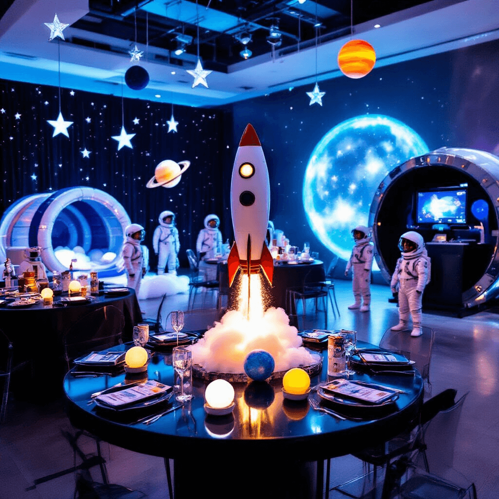 A vibrant outer space explorer party with sleek modern decor, featuring LED lighting, metallic star garlands, and planet decorations, glossy black tables with futuristic place settings, a rocket ship cake with dry ice, a zero-gravity bounce house, an alien craft station, and a virtual reality space walk, all complemented by a starry photo booth and a 'mission control' DJ booth.