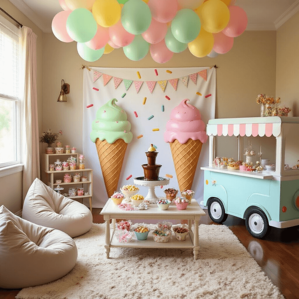 An enchanting Ice Cream Wonderland birthday celebration in a cozy living room, adorned with pastel balloons, a sundae bar with colorful toppings, ice cream cart favors, waffle cone bean bags, and a life-sized ice cream truck photo booth, filled with joyful children enjoying crafts and games.