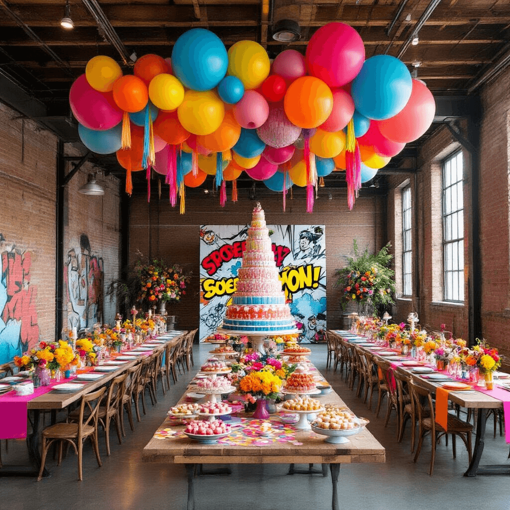 A vibrant Sweet 16 party in an industrial loft, featuring a colorful balloon installation, communal tables with bold table runners, eclectic centerpieces, a comic book-themed photo booth, and a stunning macaron tower surrounded by desserts.