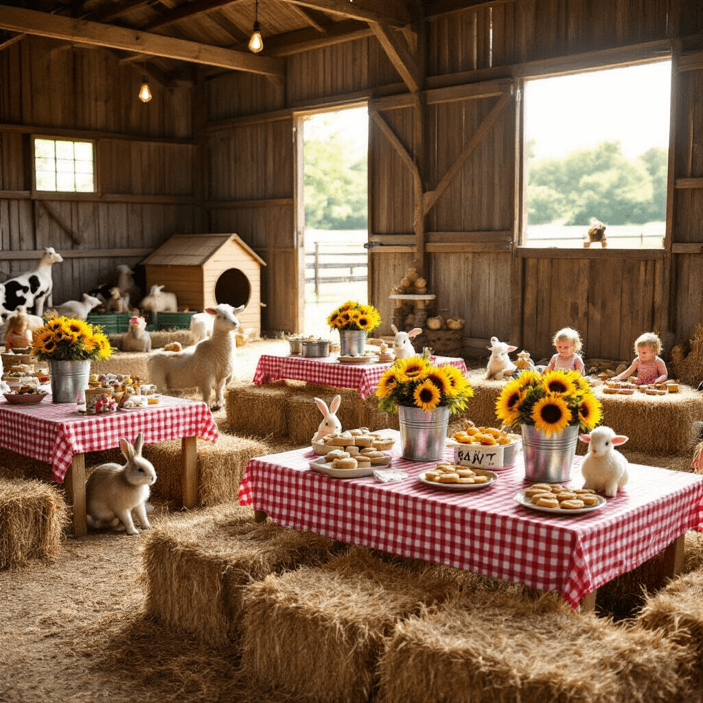A vibrant farm-themed festival in a rustic barn, with hay bale seating, gingham-covered tables, and cheerful sunflowers. A petting zoo corner with rabbits and lambs, a 'chicken coop' ball pit for toddlers, and a dessert area designed like a farm stand featuring pies and a barn cake. Kids actively engaging in DIY stations, amid warm sunlight streaming through open doors.