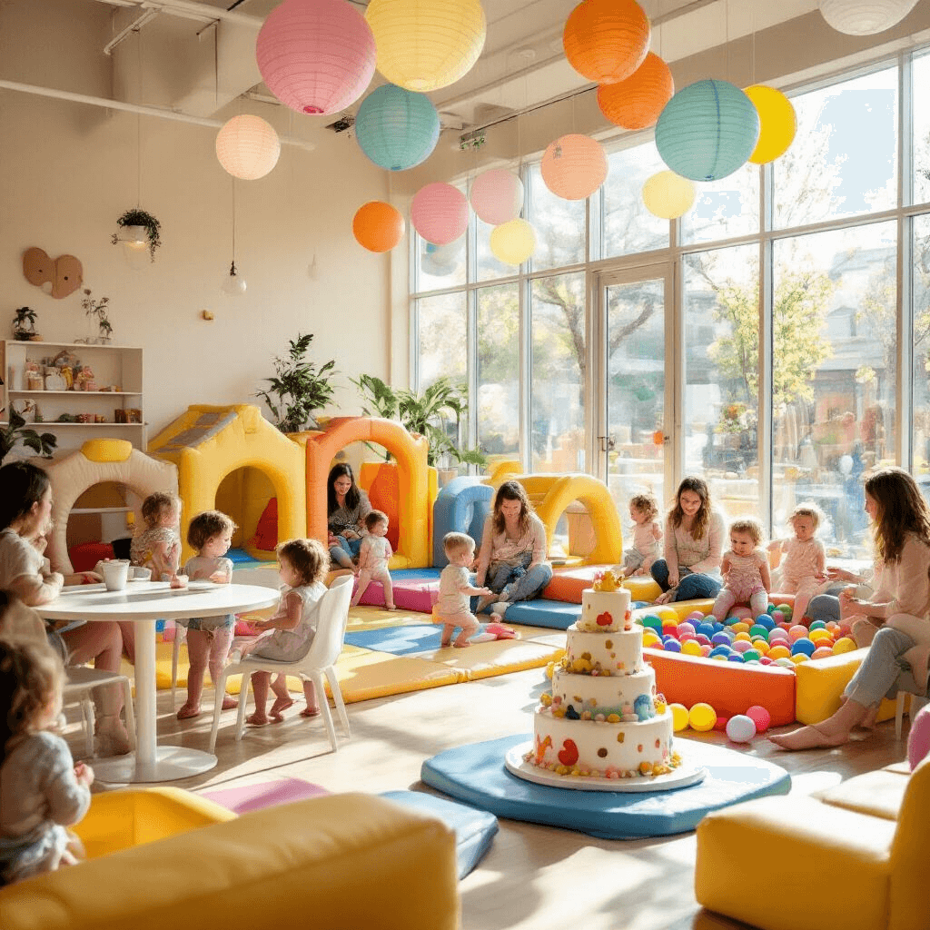 A vibrant indoor play cafe filled with toddlers celebrating a birthday, featuring colorful soft play structures, padded floors, and climbing elements, while parents enjoy lattes at white tables. The scene is decorated with paper lanterns and balloons, a display table with a three-tier cake, and toddlers playing in a mini ball pit amidst natural light streaming through large windows.