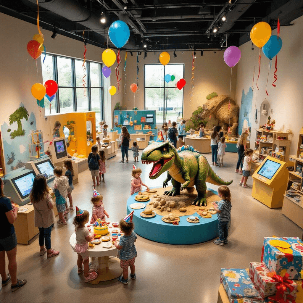 Overhead view of a vibrant children's museum exhibit transformed for a birthday party, featuring colorful learning stations decorated with balloons and streamers, a dinosaur-themed play area with a T-rex cake and fossil-shaped cookies, toddlers in party hats engaging with interactive displays, and parents conversing by a science-themed gift table, all bathed in soft lighting.
