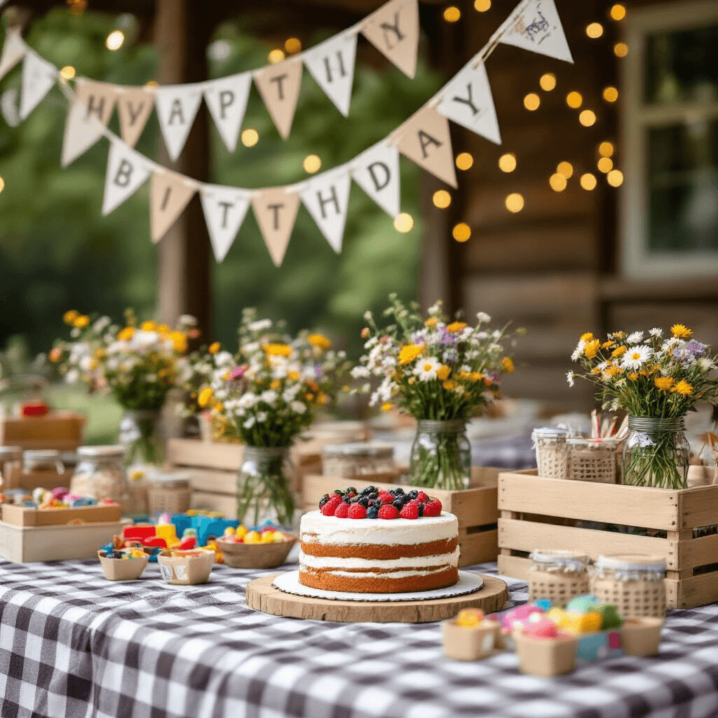 Close-up of a charming birthday setup at a community center featuring gingham blankets, low tables with mason jar centerpieces of wildflowers, wooden crates with toys, homemade bunting, twinkling fairy lights, and a simple naked cake topped with fresh berries.