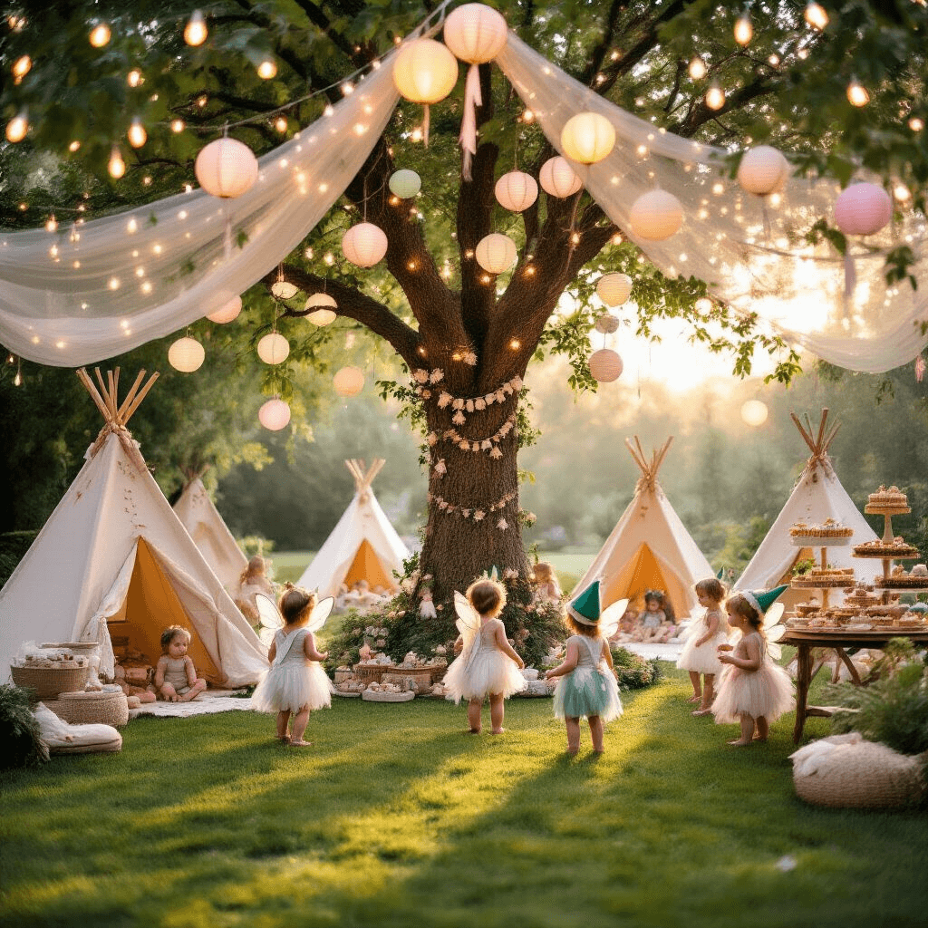 Cinematic wide shot of a whimsical 'Enchanted Forest' themed toddler party at magic hour, featuring twinkling lights, pastel lanterns, a teepee village, a decorated wishing tree, toddlers in fairy wings and elf hats, and a dessert cart with woodland-themed treats, all bathed in soft, golden light.