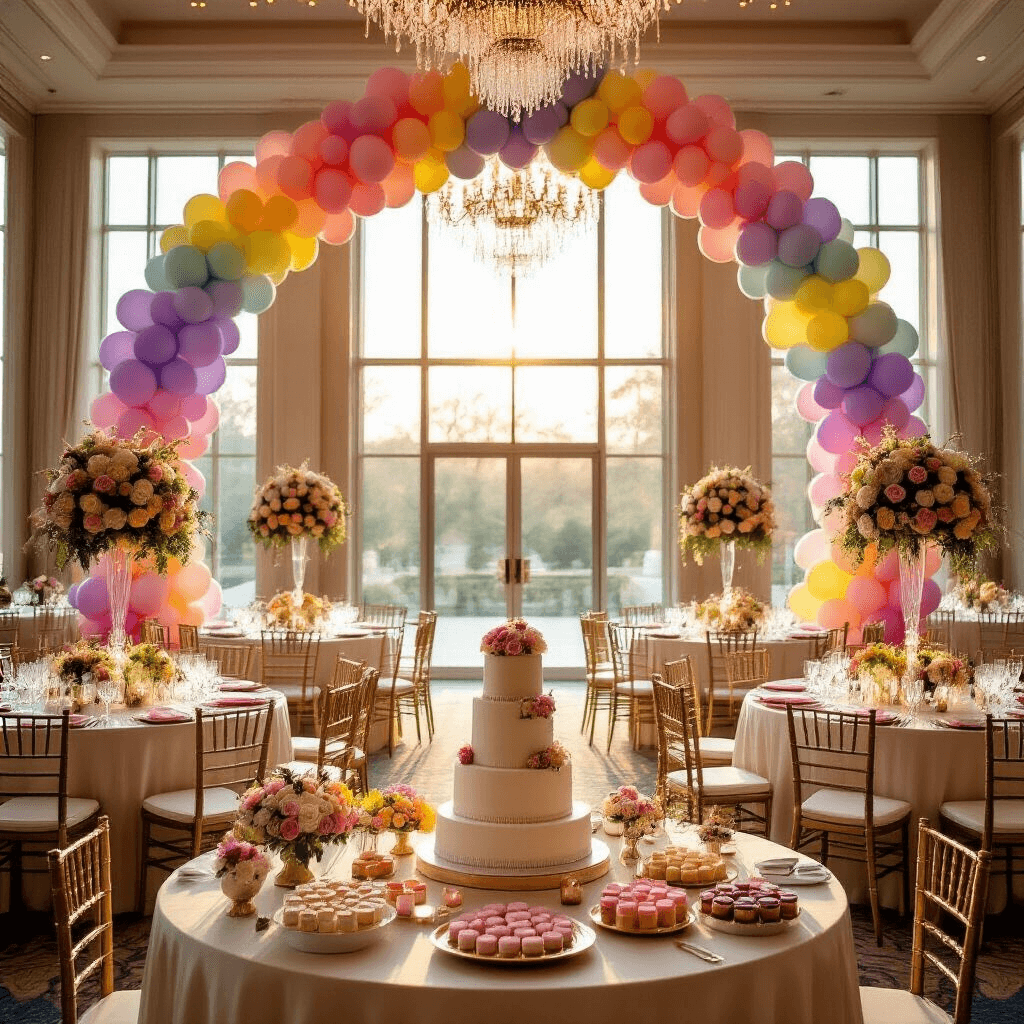 A beautifully decorated indoor wedding reception ballroom featuring a rainbow balloon arch, elegant round tables with floral centerpieces, gold Chiavari chairs, and a dessert cart with a tiered wedding cake and colorful treats, all illuminated by soft golden hour light.