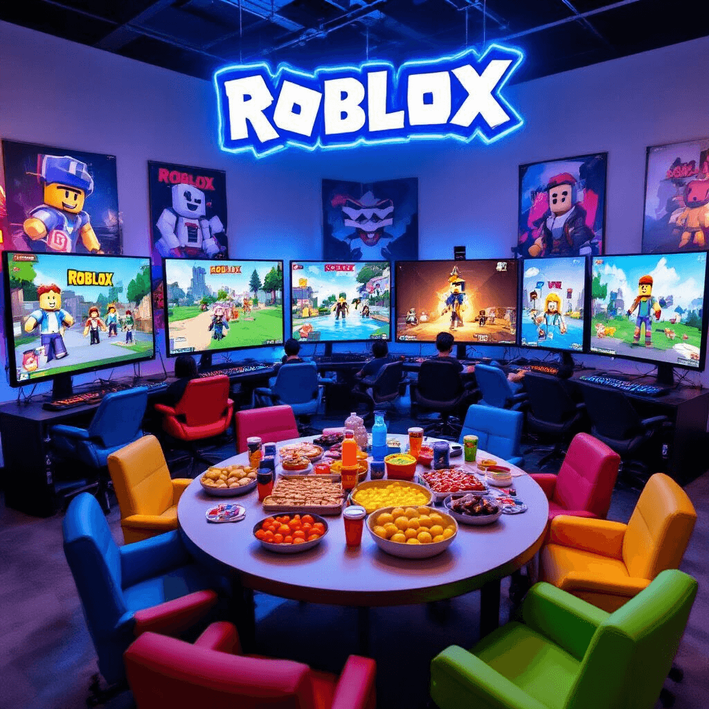 A vibrant indoor gaming zone for a Roblox party, featuring multiple large screens displaying popular Roblox games, colorful gaming chairs, a circular table with game-themed snacks and drinks, oversized posters of Roblox characters, and a neon Roblox logo sign illuminating the energetic atmosphere. Kids enthusiastically move between gaming stations.