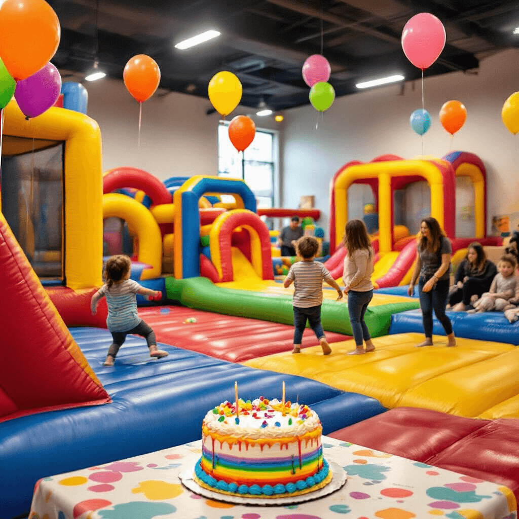 Epic Birthday Party Places for Kids: The Ultimate Guide to Unforgettable Celebrations A lively indoor play center featuring colorful inflatable structures and obstacle courses, with children joyfully bouncing and sliding. A beautifully decorated birthday cake with rainbow frosting is on a table in the foreground, while helium balloons float above and parents chat nearby. The scene is illuminated by soft, diffused lighting that enhances the energetic atmosphere.