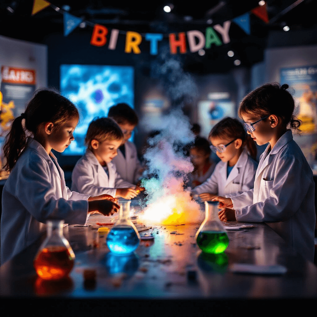 Epic Birthday Party Places for Kids: The Ultimate Guide to Unforgettable Celebrations An interactive museum exhibit transformed for a birthday party, featuring children in lab coats surrounding a table conducting a colorful chemical reaction, with glowing displays and a mix of educational posters and birthday decorations. A close-up captures a child's awe as they observe the vibrant smoke.