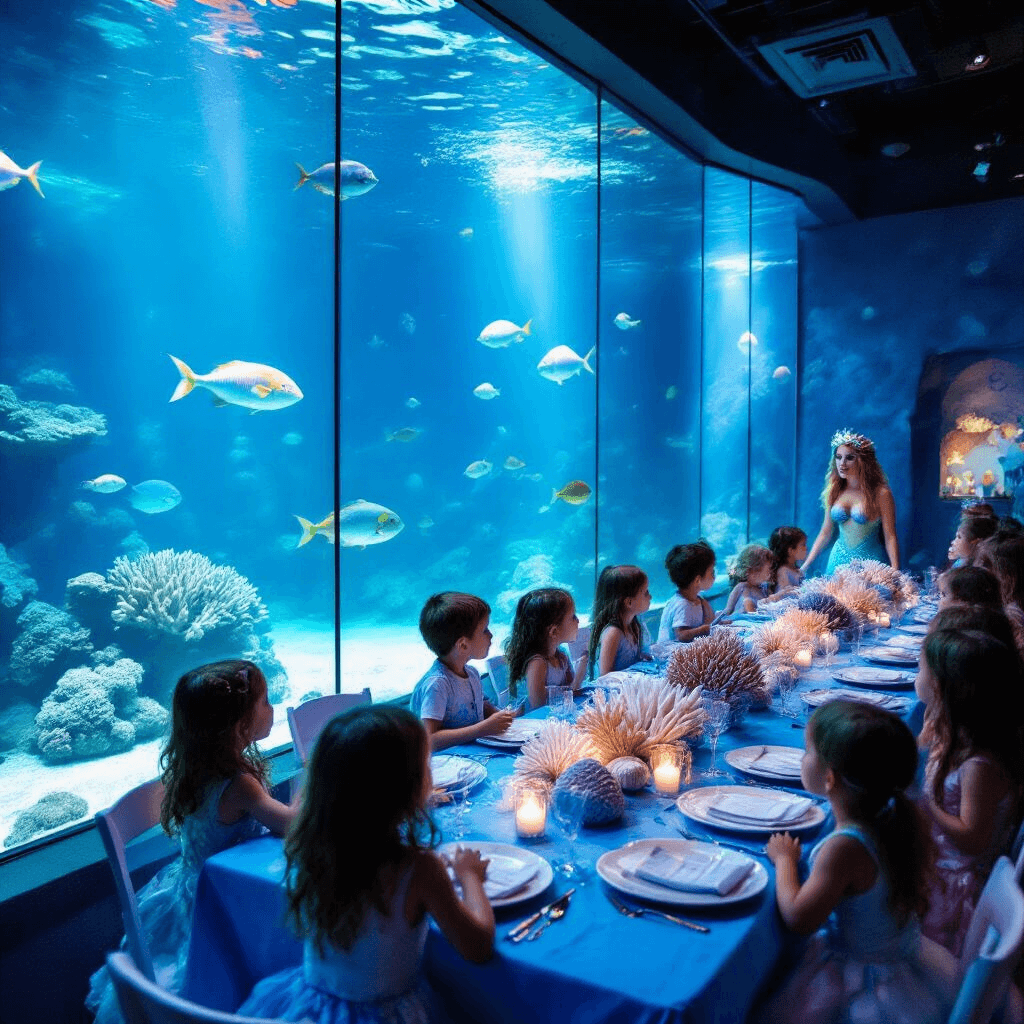 Epic Birthday Party Places for Kids: The Ultimate Guide to Unforgettable Celebrations A vibrant underwater-themed party at an aquarium, featuring floor-to-ceiling tanks emitting an ethereal blue glow, tables with ombre blue linens adorned with coral and seashell centerpieces, children gazing at exotic fish through glass, and a mermaid entertainer storytelling in the corner, captured from a low angle.