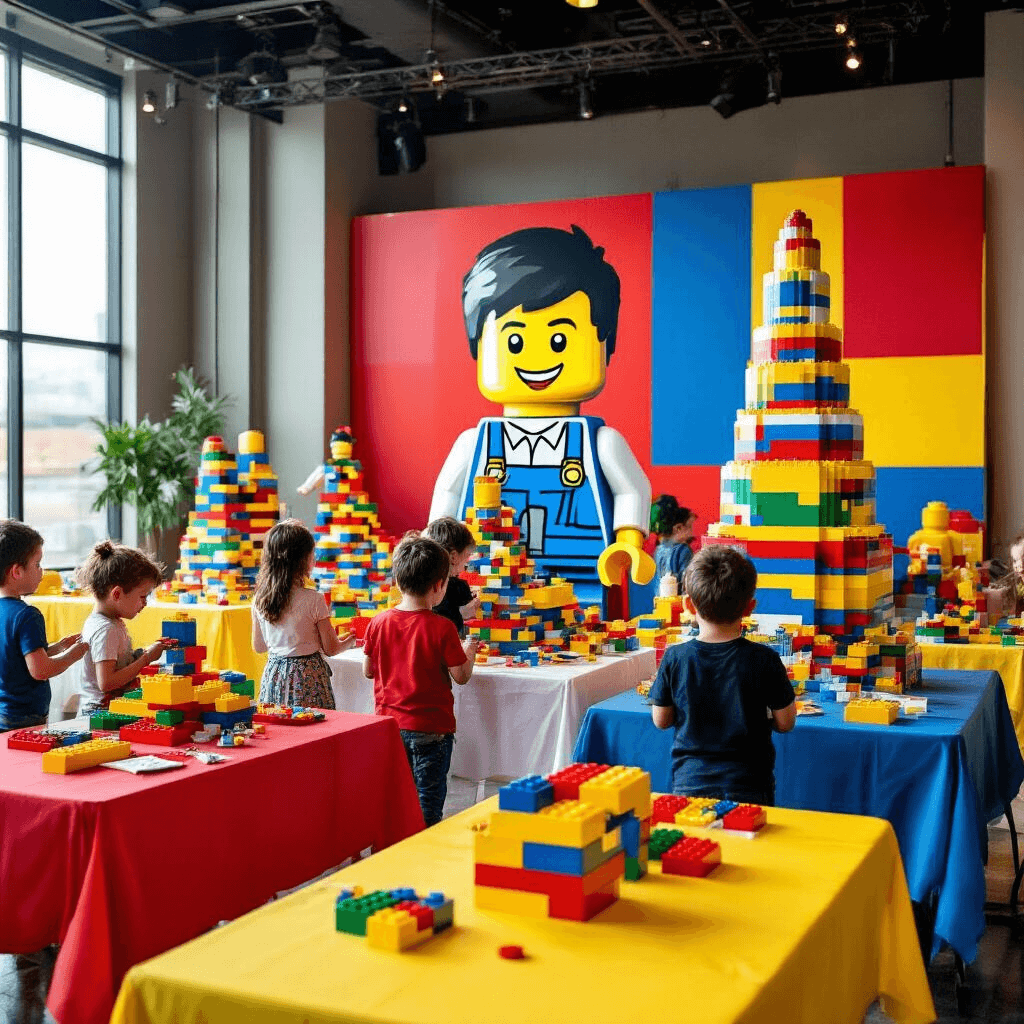 Epic Birthday Party Places for Kids: The Ultimate Guide to Unforgettable Celebrations A vibrant LEGO-themed party in a modern event space with tables draped in primary-colored linens, oversized LEGO brick centerpieces, children engaged in building challenges, a giant LEGO portrait of the birthday child on the backdrop wall, and a towering LEGO cake in the corner, all captured in a wide-angle shot.