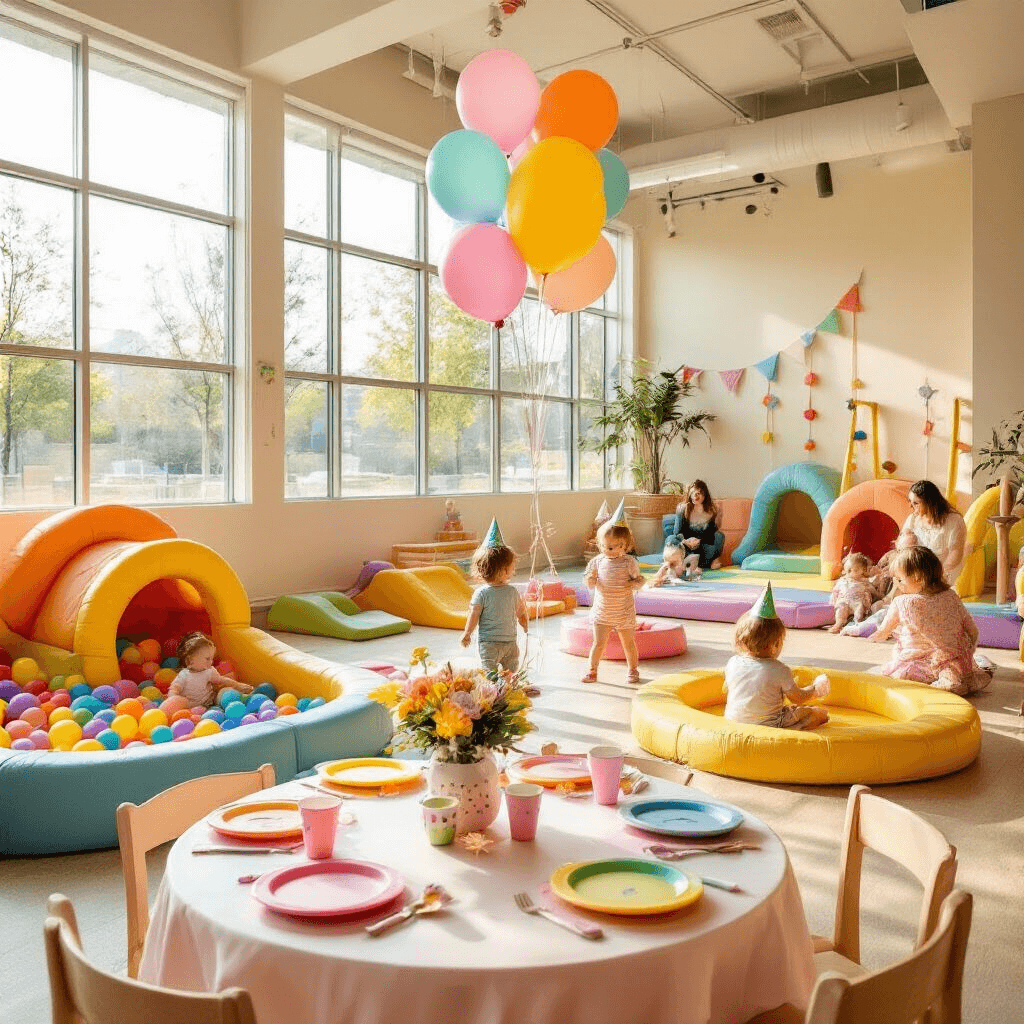 A whimsical indoor playground for a toddler's birthday party, featuring colorful padded play structures, a ball pit, and climbing areas, with toddlers in party hats playing and parents chatting, illuminated by soft natural light through large windows. A beautifully decorated party table with pastel plates, cups, and balloons is in the foreground.