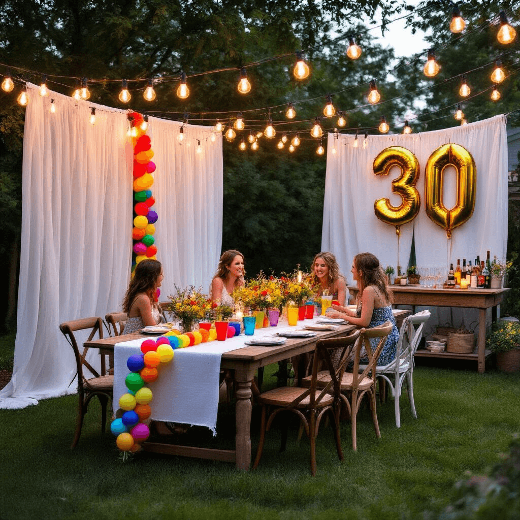 An intimate backyard birthday celebration at dusk, featuring a long farmhouse table with a white linen runner, vibrant rainbow balloon garland, mismatched vintage chairs, colorful glassware, and wildflower arrangements in mason jars, illuminated by warm Edison bulbs; a backdrop of sheer white curtains with a giant '30' in gold mylar balloons and a rustic wooden bar cart displaying rainbow cocktails, with guests mingling on lush grass.