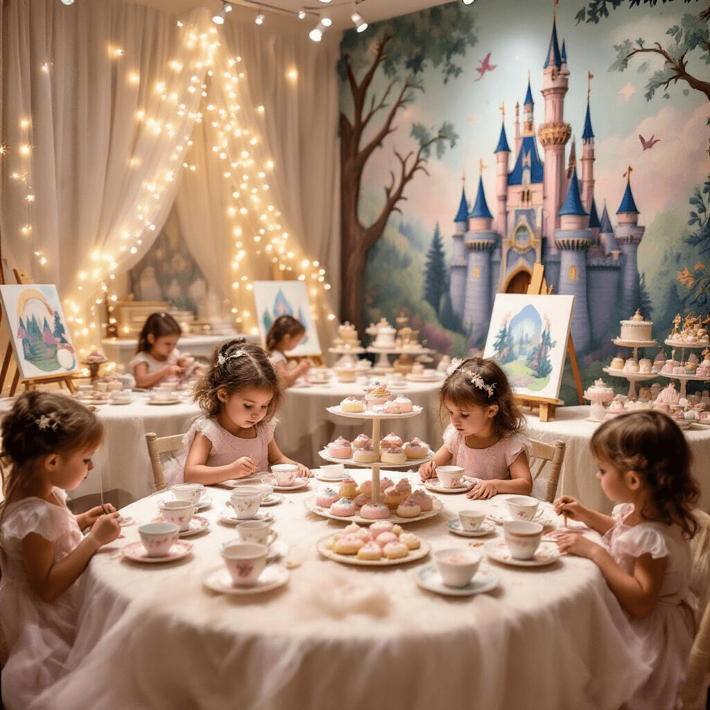 An enchanting fairy tale themed party scene in a cozy activity center, featuring twinkling fairy lights, round tables with shimmering tulle, tiny teacups, a dessert cart with pastel-frosted treats, and children painting at miniature easels, all surrounded by murals of castles and magical creatures.