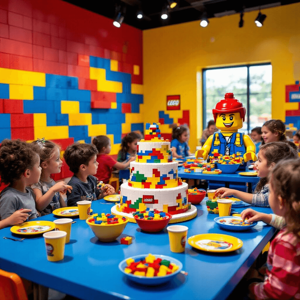A vibrant LEGOLAND Discovery Center party room filled with children participating in a guided building activity, featuring colorful LEGO-themed decor, custom builds, and a grand LEGO cake.