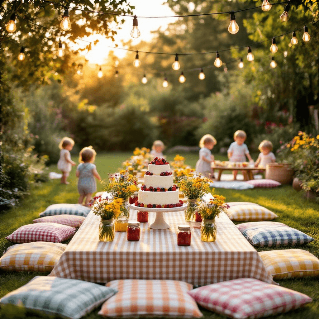 A charming outdoor garden party for a toddler's birthday, featuring low tables with gingham cloths, colorful floor cushions, mason jars with wildflowers, Edison bulbs overhead, a dessert table with a tiered cake and party favors, and toddlers playing with oversized lawn games, all bathed in warm golden hour light.