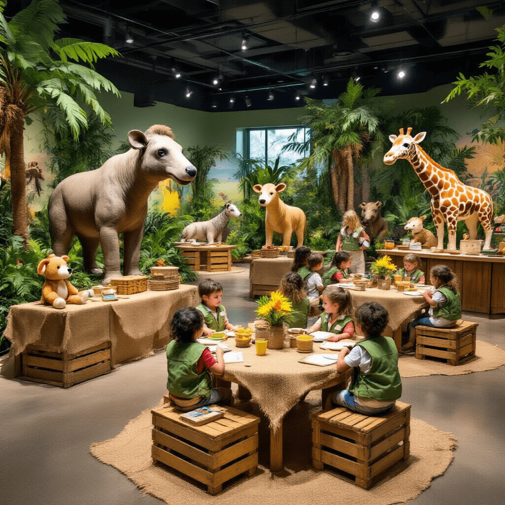 A vibrant children's museum exhibit hall featuring life-sized animal sculptures, interactive displays, and explorer camp-themed tables with burlap runners and plush safari animal centerpieces. Children in safari vests and hats interact with hands-on learning stations amid a festive jungle atmosphere, complete with a 'watering hole' punch station and themed snack bar.