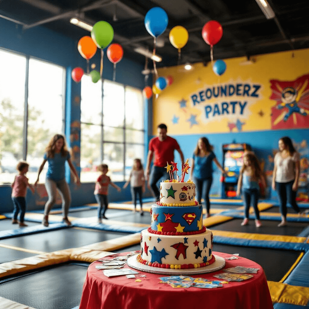 A vibrant birthday party at an indoor trampoline park featuring children mid-jump, joyful expressions, a superhero-themed cake on a decorated table, colorful walls with birthday banners, and parents chatting near an arcade area, all illuminated by soft afternoon light.