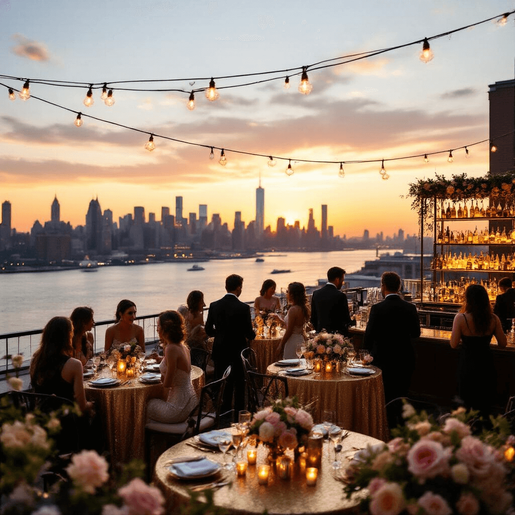 An enchanting rooftop birthday soiree at Bar Hugo, NYC, features elegantly dressed guests mingling around high cocktail tables with gold linens, twinkling fairy lights, and lush floral arrangements. The stunning view of the Hudson River at sunset serves as a breathtaking backdrop, while a live jazz band enhances the sophisticated ambiance.